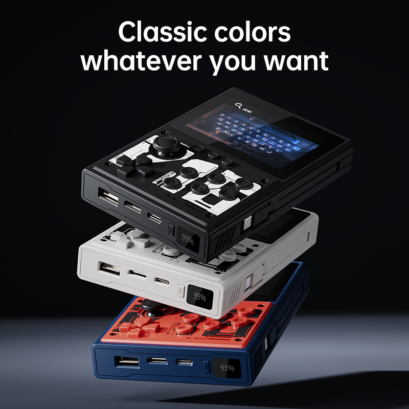 DY20 handheld gaming and power bank hardware in black, white and blue-red finishes